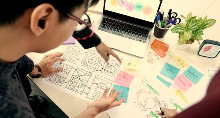 Bid Process Flow Bid writer examining a complicated bid process flow while another points at one element, surrounded by notes and a laptop.
