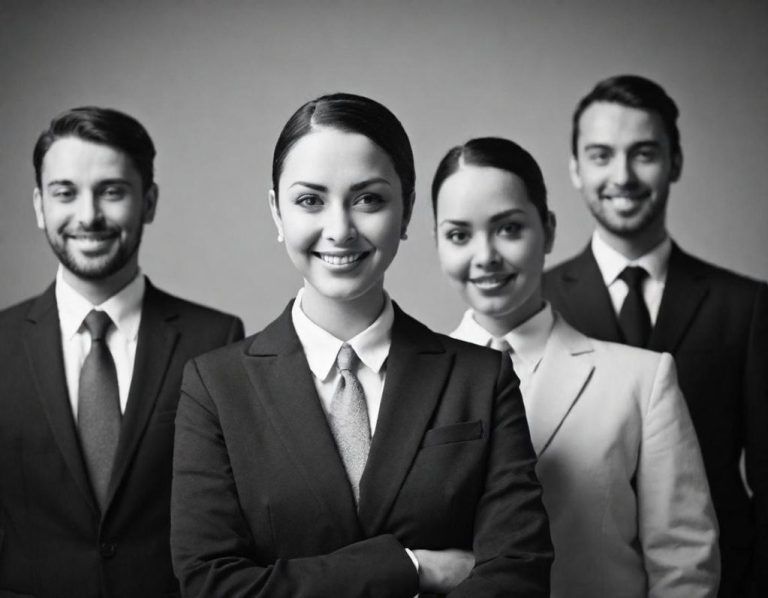 Satisfied Customers Four satisfied professional clients in formal attire, smiling against a simple grey background.